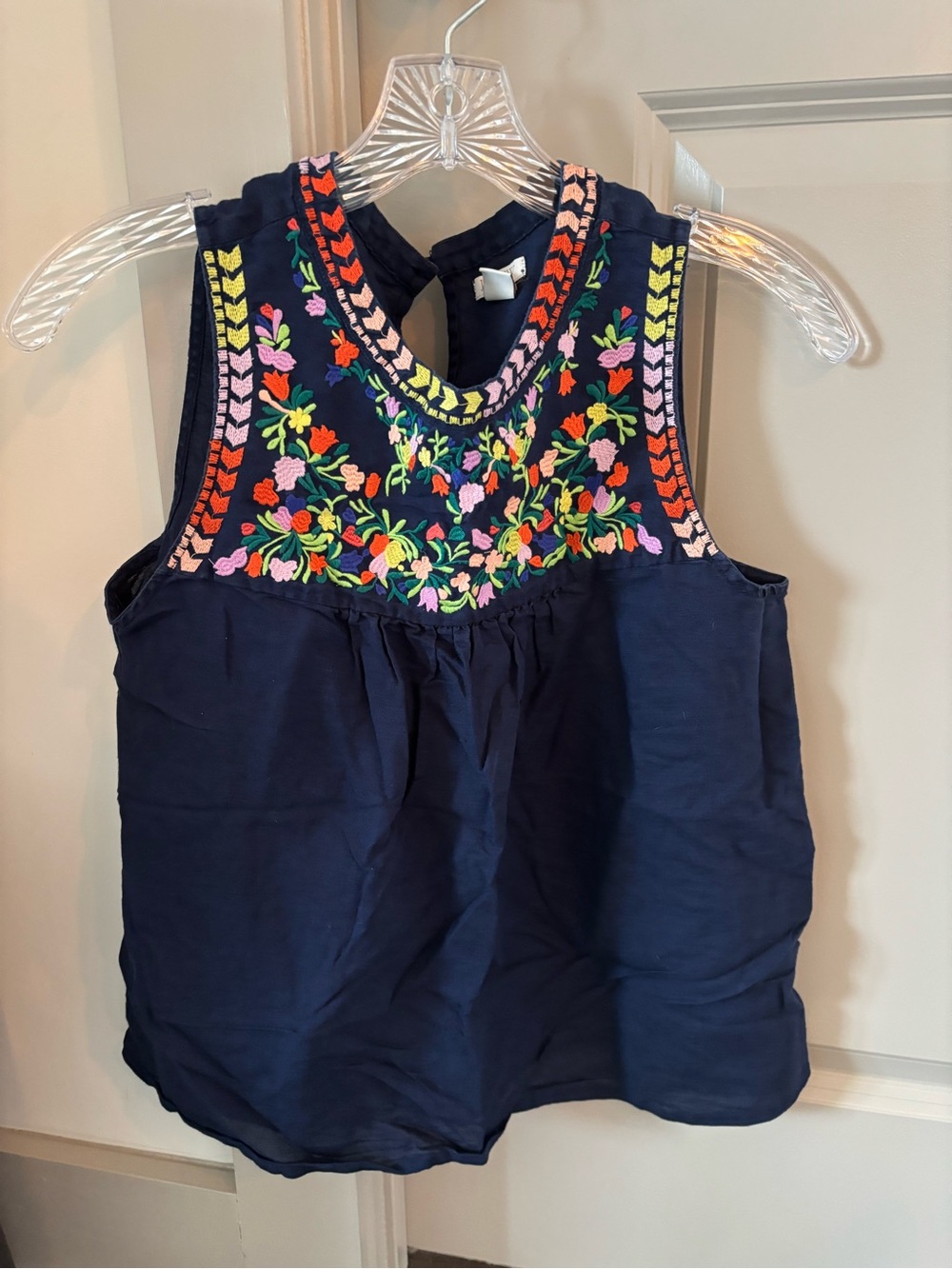 J. Crew Factory Navy Sleeveless Embroidered Floral Yoke Top